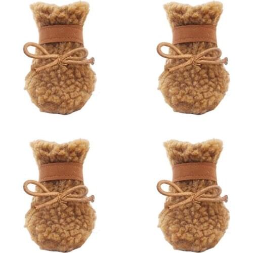 4pcs Plush Dog Snow Boots Winter Dog Shoes Outdoor Anti-Slip Pet Footwear Teddy Puppies Snow Boots (Brown)