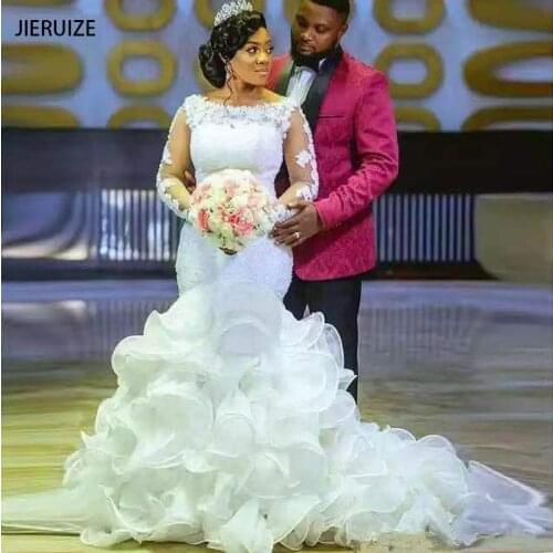 JIERUIZE White Organza Ruffule Luxury Wedding Dresses Lace Appliques Long Sleeves Mermaid Bridal Gowns Vestidos De Noiva