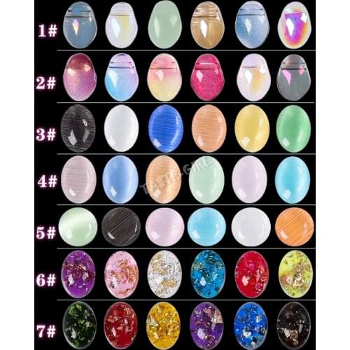 60PCS Nail Glitter 3D Oval Round Cat Eye Cymophane Translucent Clear Foil Amber Resin Nail Art Rhinestone Decals Set