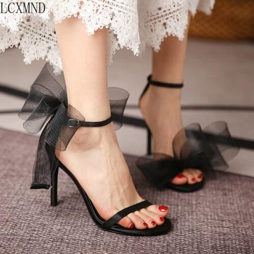High Quality Sandals Women 2021 New Strappy Black High Heel Sandals Sexy Stitch Heels Noble and Elegant Large Size 8cm