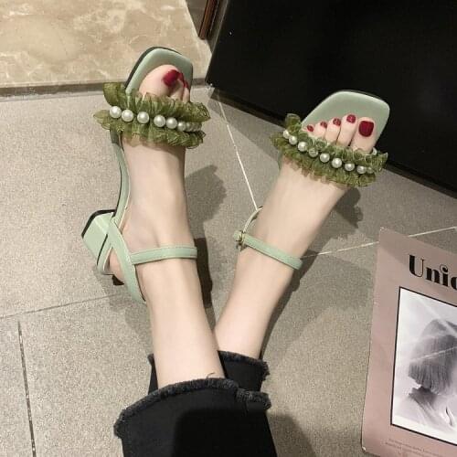 Sandals women 2021 new summer fashion personality fairy shoes pearl lace buckle thick heel high heels