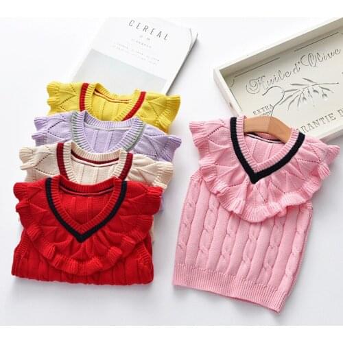 Spring Autumn 100% Cotton Cardigan Girls Ruffles V-neck Sweater Vest Toddlers Waistcoat Girls Winter Sweaters Vest