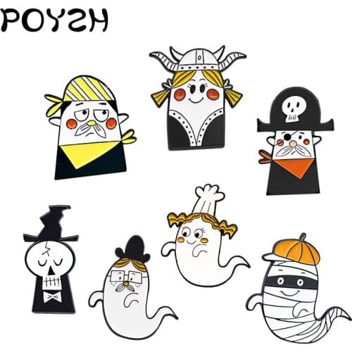 Ghost family Enamel Brooch Wizard chef pirate Mummy Skull devil in hat Lapel Pin Cartoon fun Badges