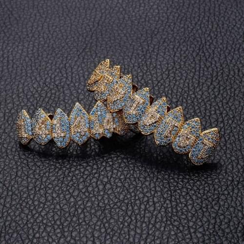 Hip Hop 1414 Teeth Grillz Denture Bling AAA Cubic Eight Grills Top Bottom Vampire Teeth Set For Gift Blue/Gold