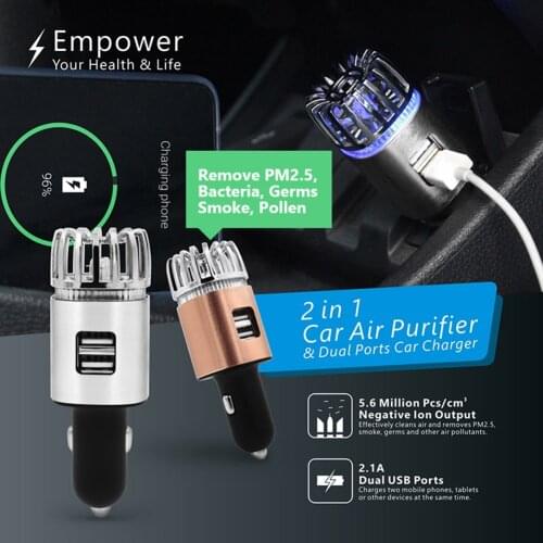 JO-6291 Mini Car Air Purifier Ionizer w/ Dual USB Charger Smoke Odor Eliminator Personal Negative Ion Air Freshener