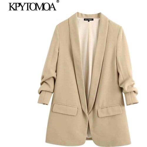 KPYTOMOA Women 2020 Fashion Office Wear Basic Blazer Coat Vintage Rolled-up Sleeves Pockets Female Outerwear Chic Tops