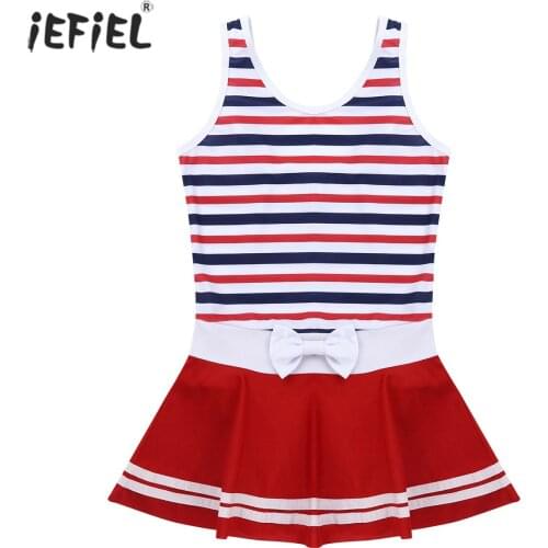Summer Striped Spliced Kids Girls Swimwear Wide Shoulder Straps One Piece Bathing Suit Bowknot Cute Beachwear Kids Swimsuit