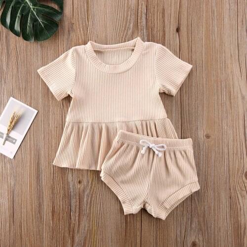 Summer Baby Clothing Newborn Infant Girls Ribbed Solid Color Short Sleeve Shirt Dress Tops Shorts 2pcs Outfits for 0-24Months
