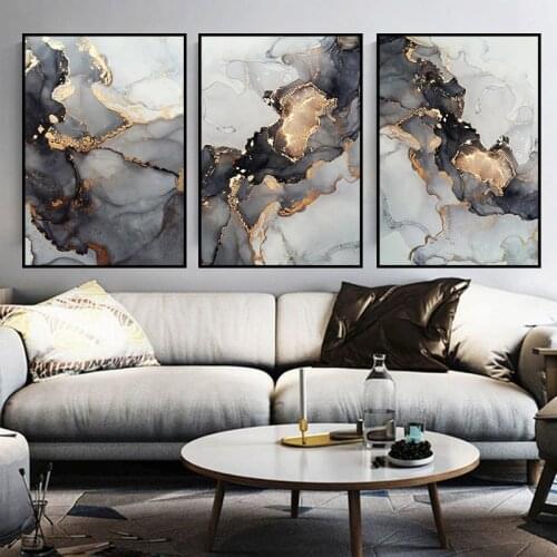 Nordic Abstract Gray Gold Fluid Art Marble Texture Abstract Wall Art Canvas Posters and Prints Living Room Decoration Painting