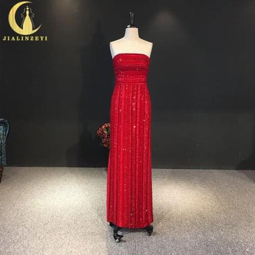 JIALINZEYI Real Image Strapless Red Full Sequins Crystal Sexy Lusurious Newest Arrival Chiffon Newest evening Dresses AJ013