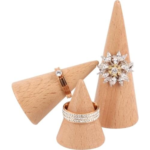 Upscale Boutique Wood Ring Jewelry Display Holder Cone Shaped Organizer Stand Support Finger Rack Bague Crafts Storage Showcase