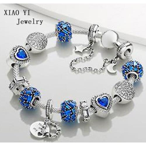 XIAOYI 100% s925 winter bracelet set with diamond blue star moon love charm galaxy safety chain bracelet gift