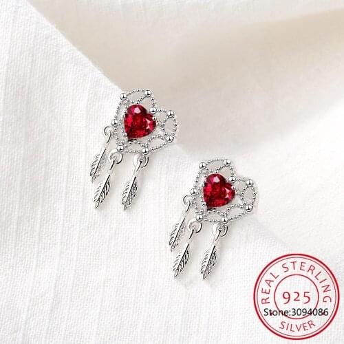 925 Sterling Silver Dream Catcher Feather Earring Sweet Red Zirconia Love Heart Stud Earrings For Women Fine Jewelry Gift DA735