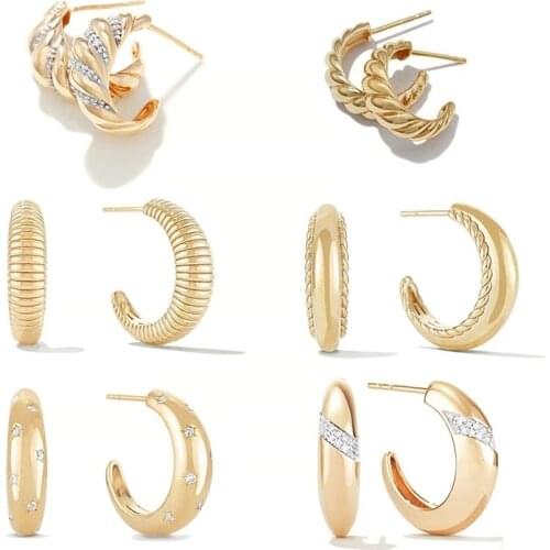 Aide 925 Sterling Silver C Shape Hoop Earrings For Women Zircon Mosaic Twisted Half Circle Earrings Piercing Jewelry Pendiente