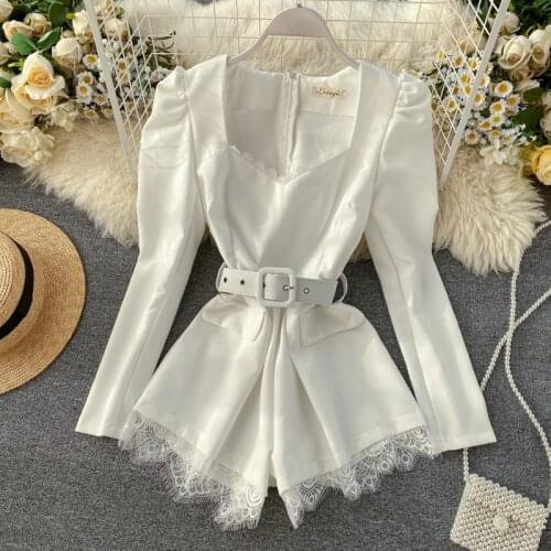 Eyelash Playsuits Solid Color Elegant Overalls Women Retro Solid One-Piece Lace V-Neck Long Sleeve High Waist Wide Leg