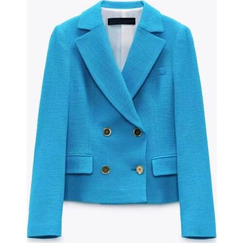 2021 Spring Autumn Women Vintage Blue Tweed Blazer Coat Chic Button Pockets Suit Jacket Female Office Short Outerwear