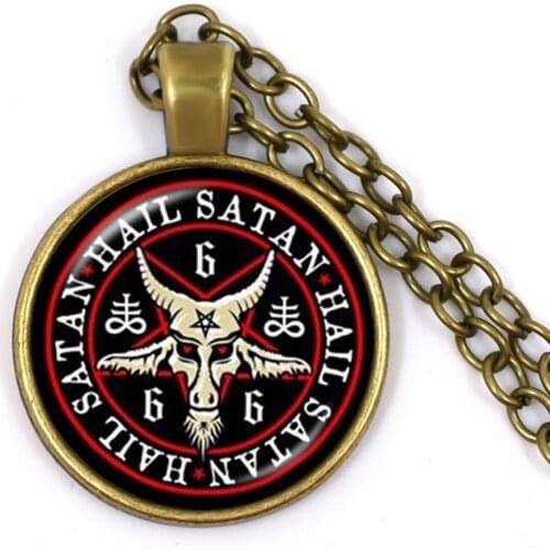 Bronze Pentagram Pendant Necklaces Red Goat Glass Cabochon Sweater Chain Jewelry Satanism Gothic Jewelry Collier Femme Gift