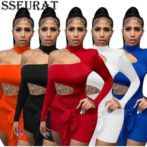 SSEURAT Women Dress Solid One Shoulder Long Sleeve Bodycon Mini Dress Summer Sexy Hollow Out Bandage Party Club Dresses