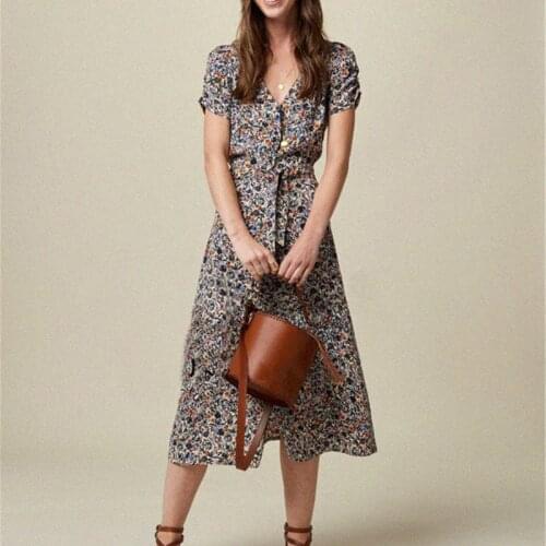 Floral Print Elegant Midi Dress Women V Neck Puff Sleeve Buttons Up A Line Dresses Chic Summer 2021 Retro Casual Long Dress Robe