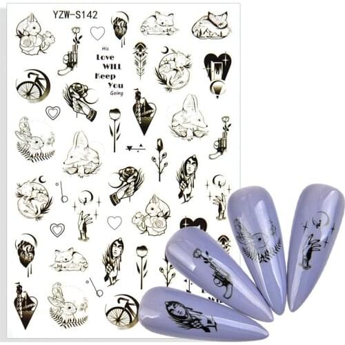 1 Sheet 3D Nail Stickers Black Lines Geometric Cat Rabbit Flower Nail Design Adhesive Sliders for Manicure Decoration Art Decals