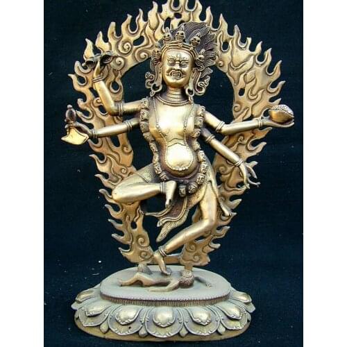 12.8" China Tibet Buddhism Temple Collect Brass Four Arm Happy Buddha Sculpture