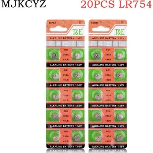 20pcs / 2cards alkaline button battery lr754 ag5 393 1.55V button battery sr754 193 393a 48lr g5a ag5 watch toy