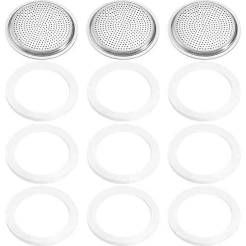 9 Pieces Silicone Gaskets and 3 Piece Stainless Filter Gasket Stainless Steel Gasket Replacement for 6 Cup Moka Express