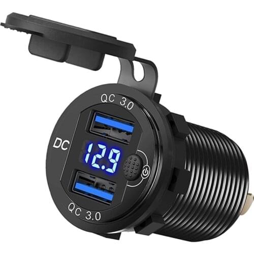 Car USB Charger QC3.0 Dual Port Car USB Socket Fast Charge with LED Digital Voltmeter Display Switch for Vehicles Boat Motor