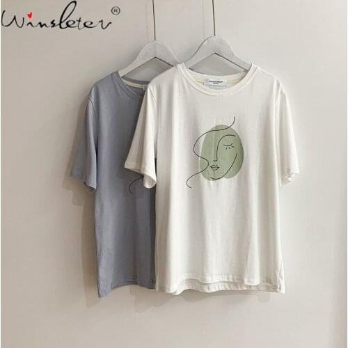 White T-shirt Women Girls Print Abstract Cotton T-shirt Loose O-neck Short Sleeve Basic Tee Tops Summer 2021 T14605A