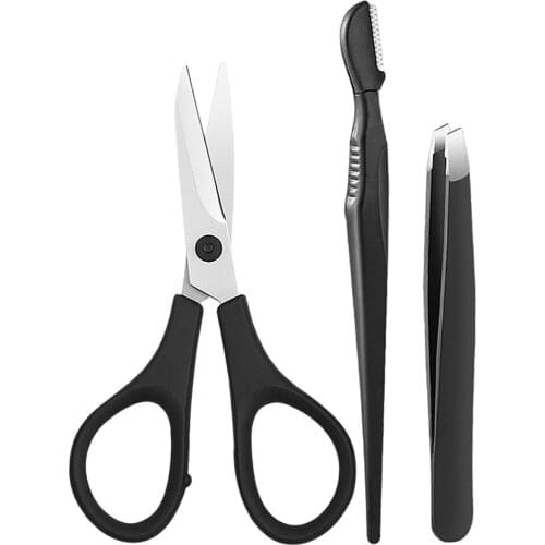 Portable 3pcs/set Eyebrow Trimmer Razor Kit with Scissor Tweezers Slant Tip Eye Brow Shaper Shaver for Women Makeup Trimming