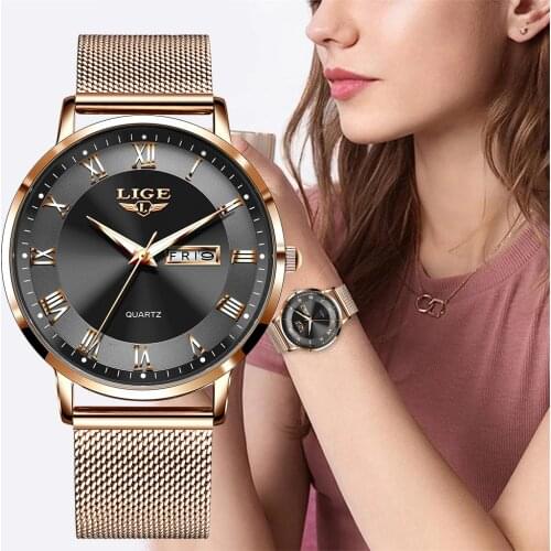 LIGE Women Watch Bracelet Quartz Clock Movement Simple Waterproof Rose Gold Stainless Steel Mesh Ladies Watches Relogio Feminino