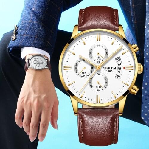 NIBOSI Fashion Casual Leather Men Watch Top Luxury Brand Sport Waterproof Chronograph Wrist Watch for Men Relogio Masculino
