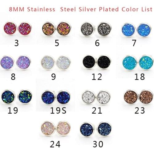 Fnixtar 8mm Stainless Steel Tiny Drusy Stud Earrings Round Cut Faux Druzy Earrings For Women 20 pairs/lot