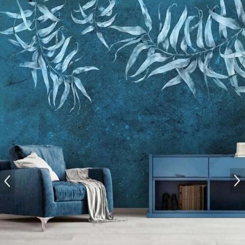Nordic Leaves Wallpaper Mural Dark Blue Background Wall Papers Roll for Living Room 3D Printed Photo Wallpapers Art Wall Decals