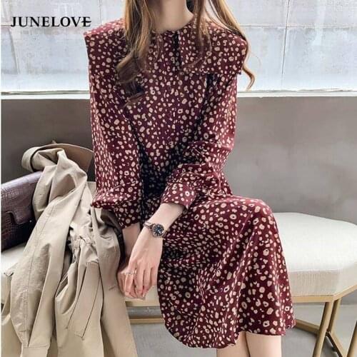 JuneLove 2020 spring women elegant chiffon printed midi dress lady long sleeve floral dress female ruffles vintage boho Vestidos