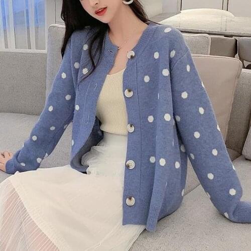 Autumn Winter Fashion Dot Decoration Women Cardigan Jacket O Neck Long Sleeeve Knitshirt Top Female Korean Loose Knit Sweater