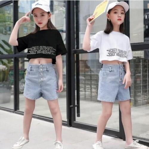 Summer Girls Clothes teenager Letter Crop T shirt + Denim Shorts baby Kids Outfits Tracksuit Casual Children 6 7 8 9 10 12 year
