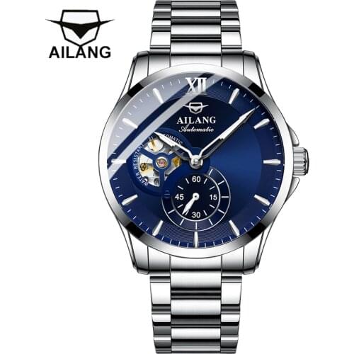 AILANG Automatic Mechanical Hollow Stainless Steel Mens Watch Luminous Sports Casual Blue Dial Business Formal Mens Watch 8627