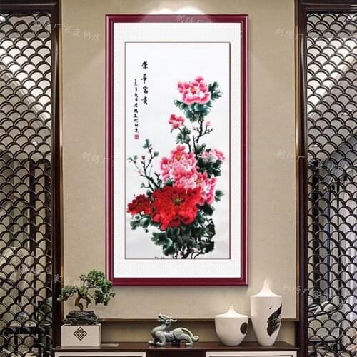 Mural silk hand-embroidered peony flower living room bedroom tea restaurant entrance interior decoration gift painting SP0118