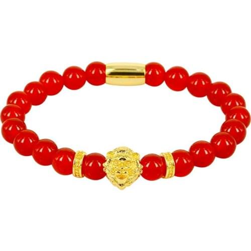 New Design Red Onyx Stone Beads Bracelet Men Women Bracelet Jewelry Fashion Trendy Bracelet Lion Head