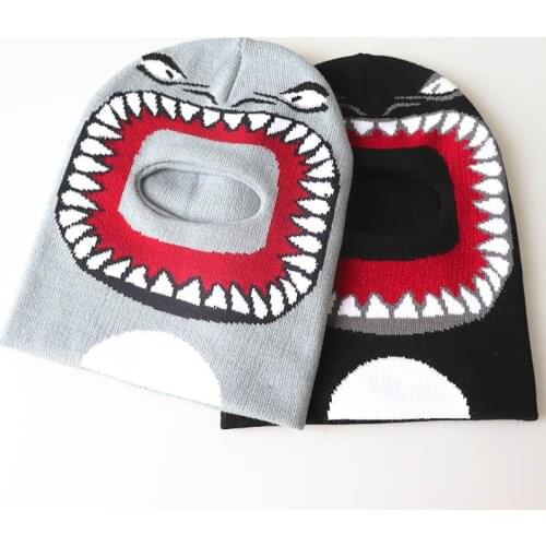 Autumn winter shark beanie hat for kids digging eye-catching jacquard knitted hats children stretch cotton cap warm hood hip hop