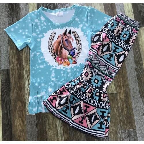 Popular Kids Summer Clothing Little girl fringed flower horse print blouse totem flared trouser suit