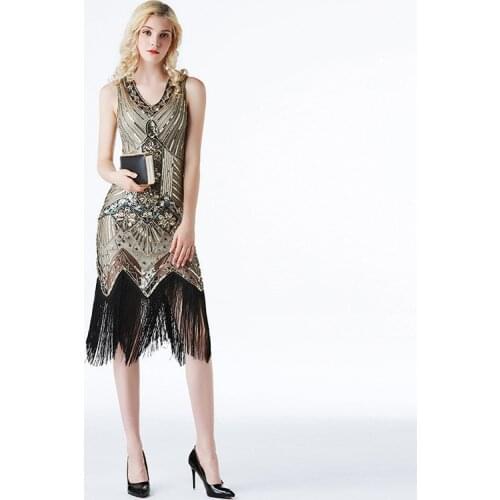 Vintage 1920s Deco Fringe Flapper Dress Dinner Party Formal Gowns Ballroom Dresses