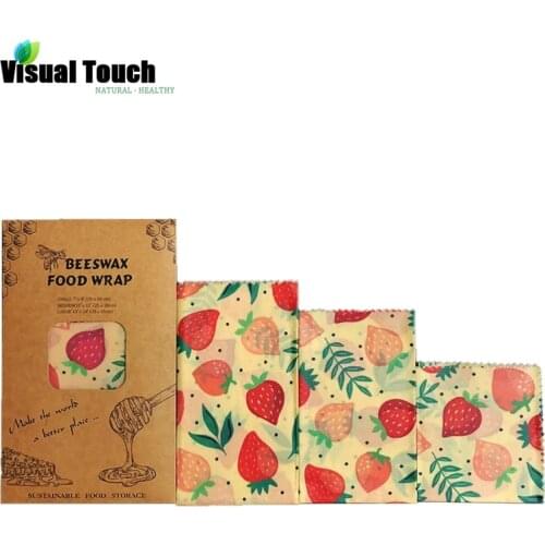 Visual Touch 3Pcs/Set Strawberry Reusable Beeswax Cloth Wrap Food Fresh Bag Lid Jungle Party Bees Wax Wrap For Sandwiches Cheese