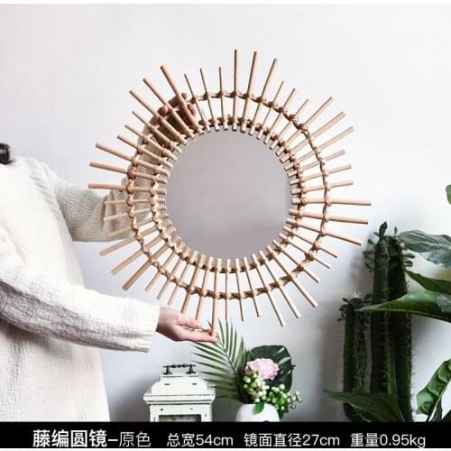 Home Rattan Mirror Creative Sun Shape Art Mirror Living Room Wall Hanging Decorative Makeup Mirrors Room Rattan Wall Decor