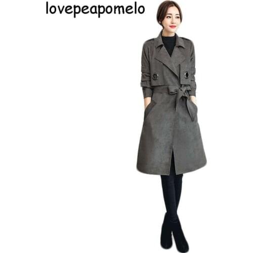 Plus Size Womens 2018 New Fall High Quality Korean Womens Deerskin Windbreaker Fashion Grey Sashes Women Long Trench CoatD346