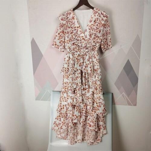 2020 woman dress summer elegant short-sleeved V-neck party maxi dress asymmetric printed ruffle floreado
