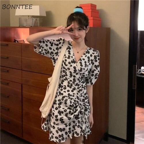 Plus Size S-4XL Dress Women Above Knee Print Shirring Short Sleeve Elegant Empire Casual Retro Summer Mujer Vestidos Stylish Ins