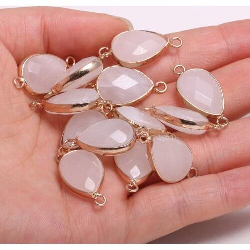 1PC Natural Stone Water Drop Shape Connector Pendant Charm Rose Quartzs Double Hole DIY Bracelet Earring Necklace 14x27mm