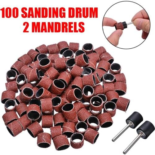 100 pieces 3/8" 80 Sander Grit Sanding Bands Kit Sleeves with 2pcs Sanding Drum Mandrels for Rotary Tools
